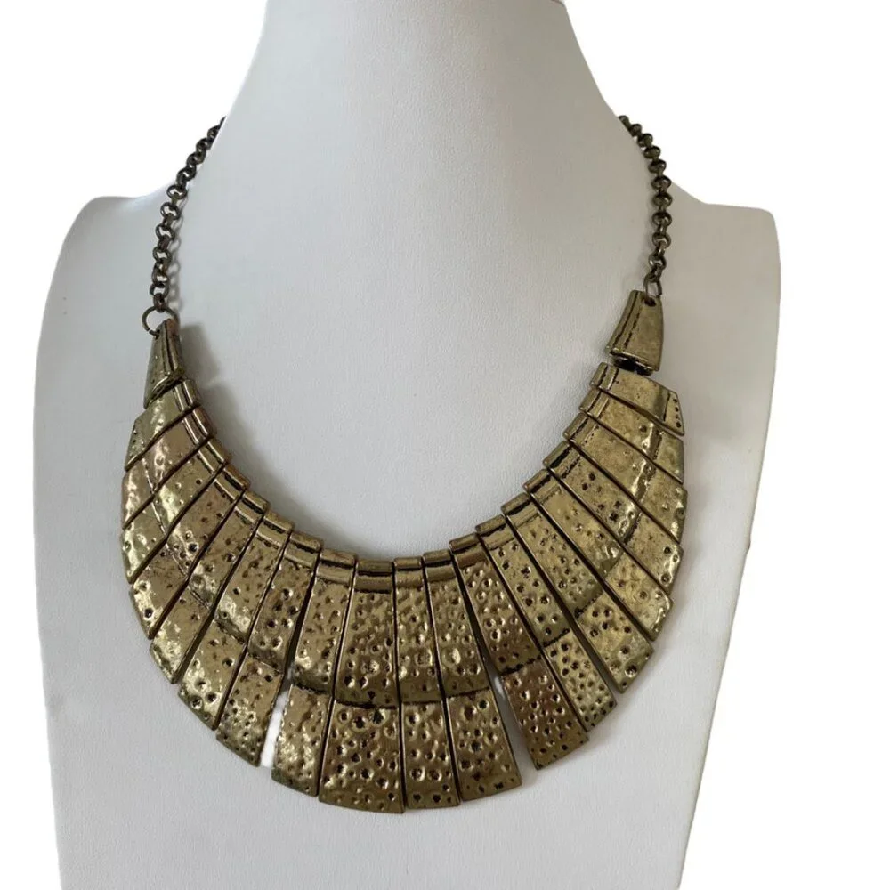 gold collar statement bib necklace textured metal